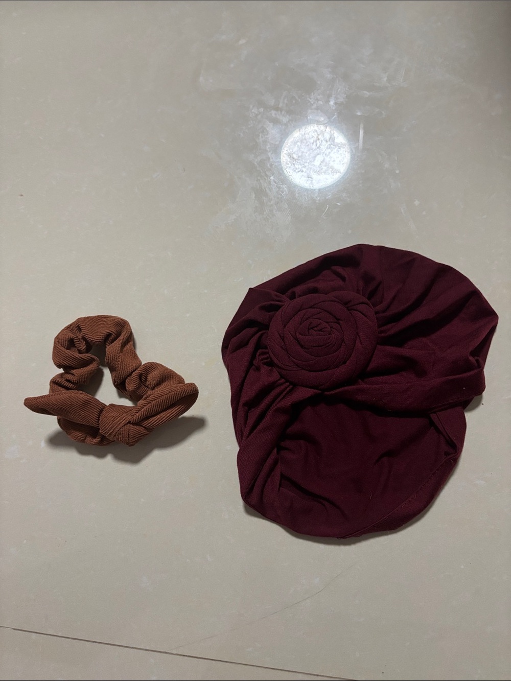 Burgundy Floral Turban with Brown Knot Scrunchie Set